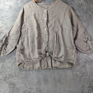 Angela Mara Womens Linen Button Up Summer Top‎ Gray Tie Front Lagenlook Italy